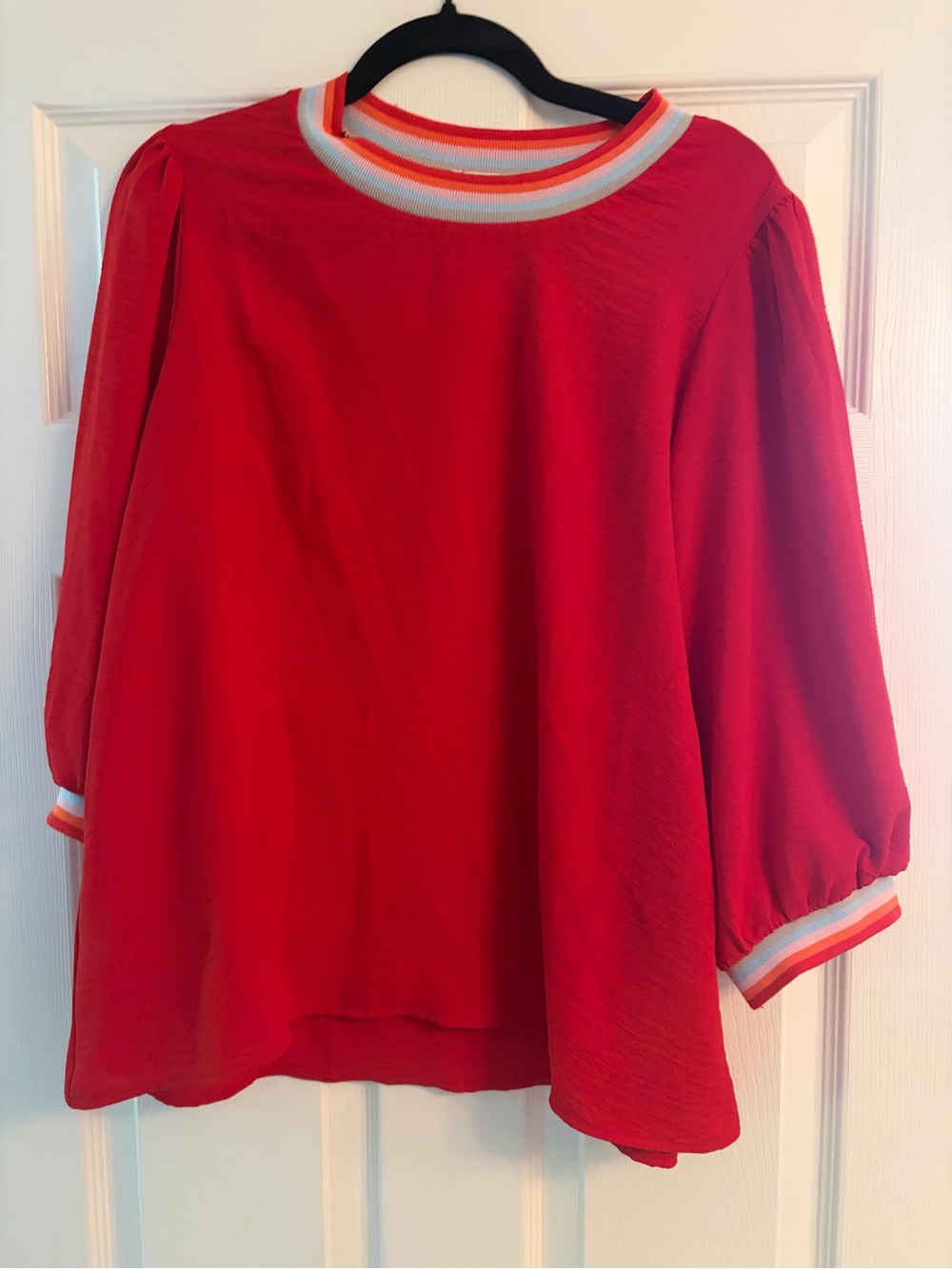 JODIFL Red Puff-Sleeve Blouse with Striped Trim